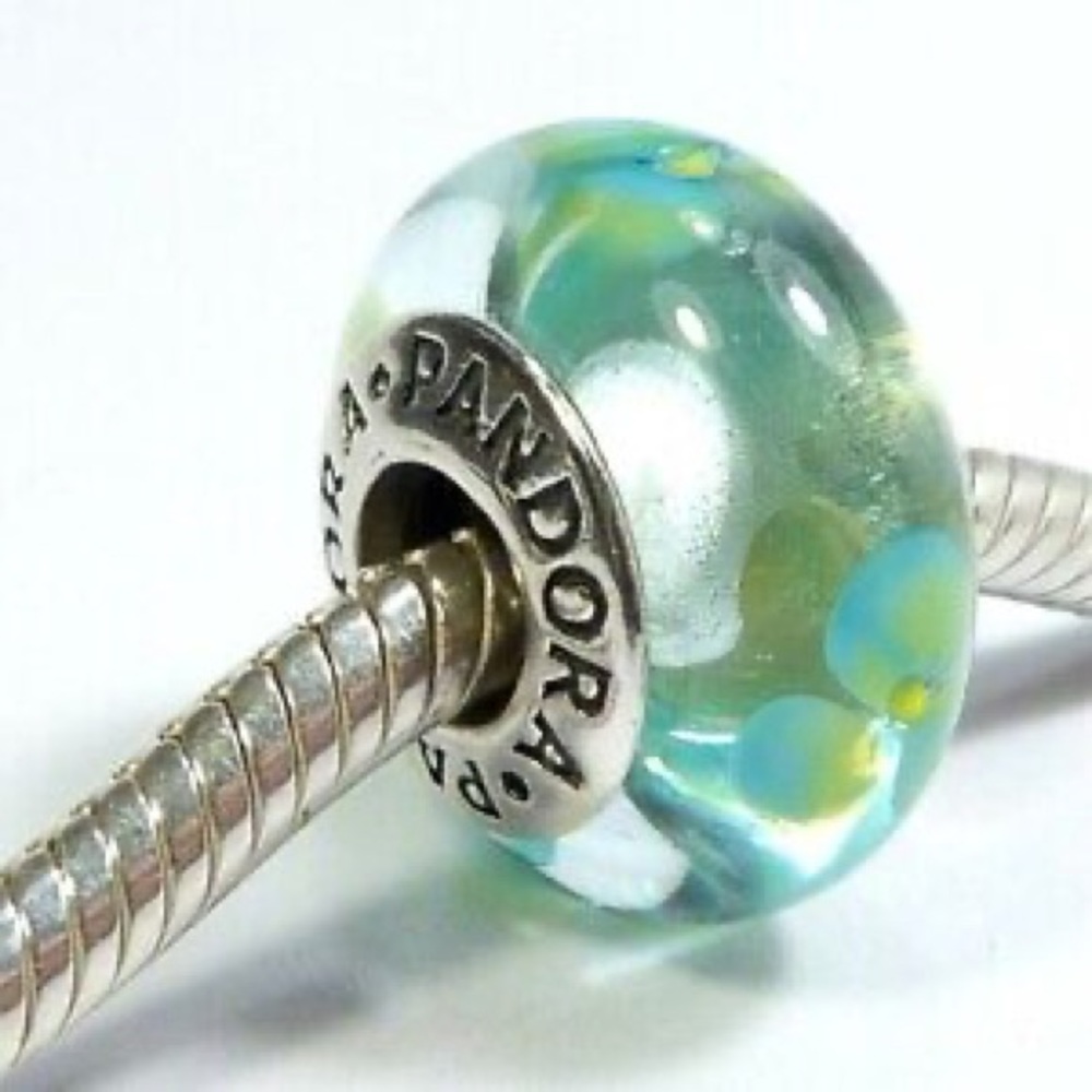 PANDORA | TEAL GREEN FLOWERS MURANO CHARM 790607 RARE RETIRED 925ALE GLASS